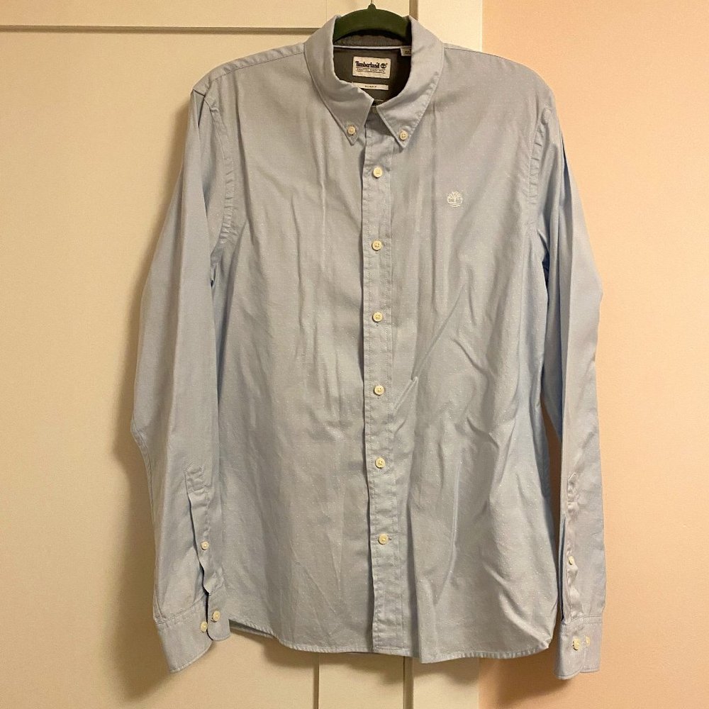 Timberland Shirt Long Sleeve Slim Fit Baby Blue Polker Dot Size M 100% cotton